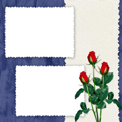 White frame with roses on the dark blue background
