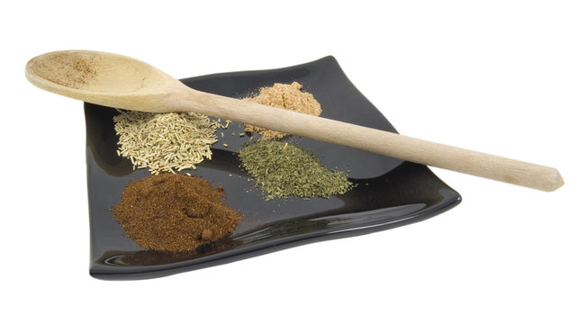 curri spices and spoon isolated on white background