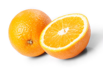 One and half oranges on the white background