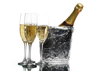 Champagne flutes and ice bucket