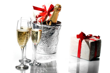 Champagne flutes and ice bucket