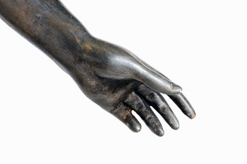 Wooden statue: detail of a silver-foil covered arm
