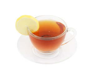 Glass cup of tea with lemon isolated on white