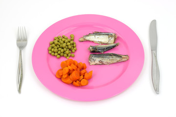 Mackerel carrots and peas on a pink dish
