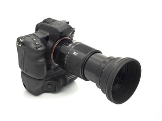 Professional DSLR camera with telephoto lens
