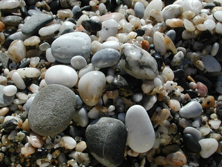 Pebbles on beach in sunlight