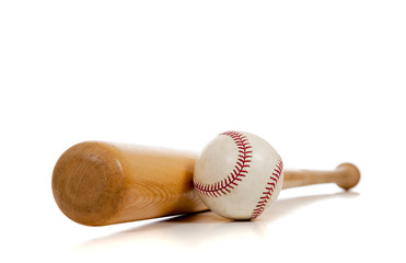 Baseball and wooden bat on white