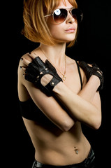 Naklejka premium Beautiful red girl on black