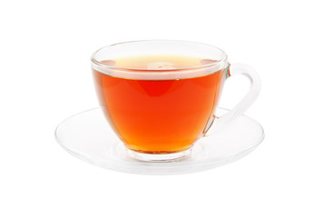 Glass cup of tea isolated on white
