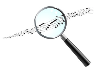 musical note under magnifying glass background