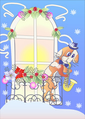Card  with Dog and Christmas Window