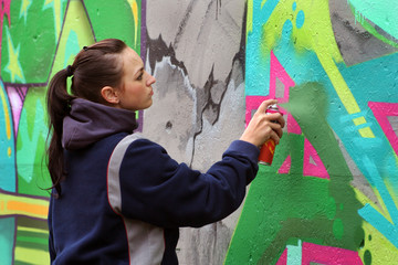Graffiti Artist: Jugendliche sprüht mit Sprühdose Graffiti an die Wand - 18738623