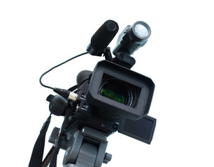 Professional digital video camera, isolated on white background