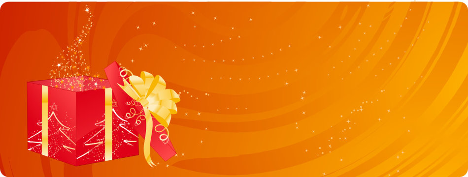 Orange christmas banner with open sparkling magic box
