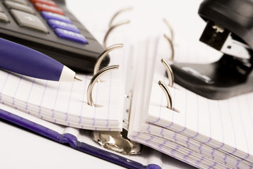 business organizer, pen, calculator and stapler