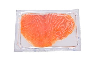 Smoked salmon slices in package isolated on white background