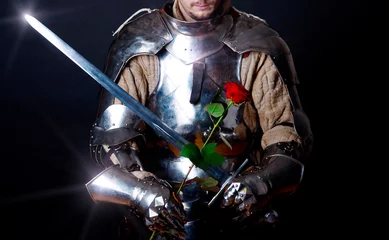 Foto op Plexiglas anti-reflex Grote ridder die naar mooie bloem kijkt © Fxquadro