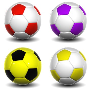 3d white,red,violet,yellow and black leather soccer balls
