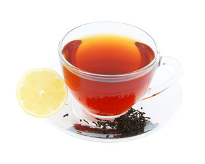 Glass cup of tea with lemon isolated on white