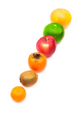 row of fruits orange apple kiwi kaki grapefruit isolated