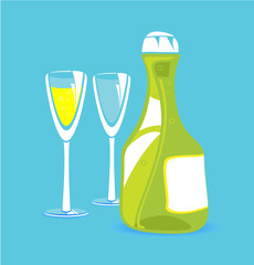 Bottle of sparkling wine and two glasses