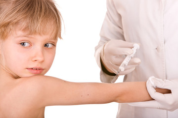 Medicine doctor does  inoculation to  child. Isolated.