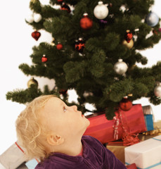 Christmas Time - Cute kid looking up at christmas tree