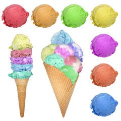 Colored ice creams with scoops isolated on white
