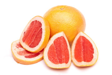 Fototapeta na wymiar red grapefruit and parts of it isolated on white background