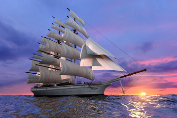 Sailing ship at sunset - obrazy, fototapety, plakaty