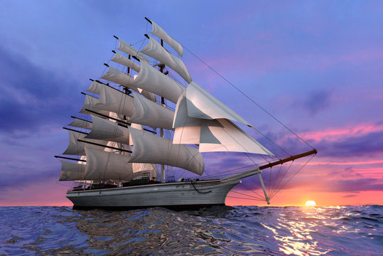 Fototapeta Sailing ship at sunset