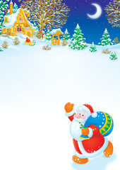 Christmas background with Santa and winter landscape