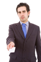 Business man handing a blank business card over white background