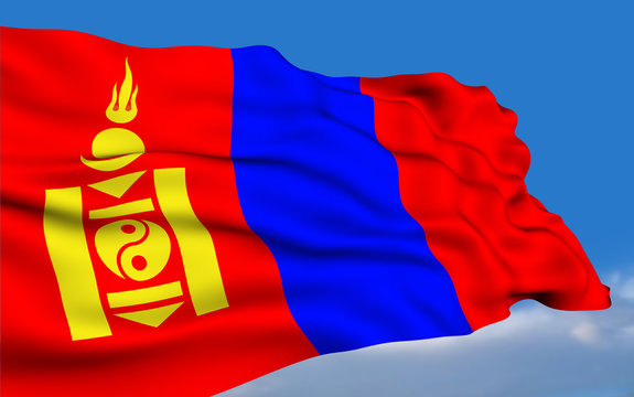 Mongolian flag waving on wind.