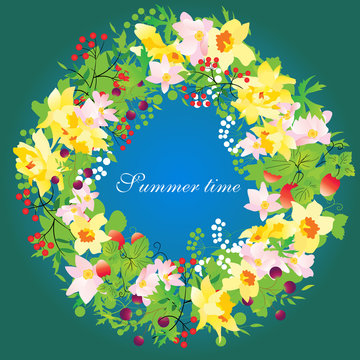 Vector summer floral wreath with daffodils