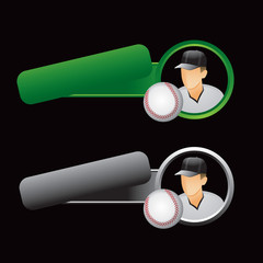 baseball player tilted green and gray banners