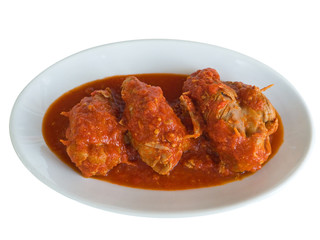 Meat roulade with tomato sauce on plate