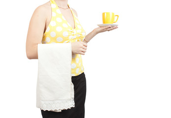 Bartender girl with a cup of coffee . Close up