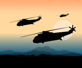 Afwasbaar Fotobehang Soldaten oorlogsactie aan het front met helikopters