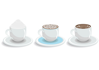 Three cups of espresso, cappuccino and coffee with cream