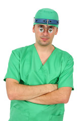 doctor with magnifying glass over white background