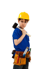 Kid as construction worker isolated on white background