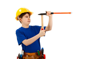 Kid as construction worker isolated on white background