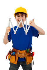 Kid as construction worker isolated on white background
