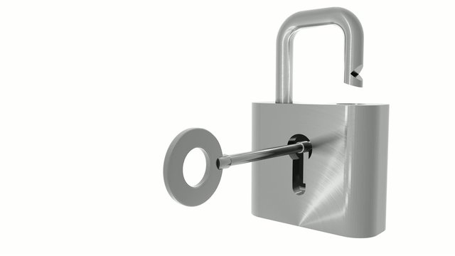 Metal padlock unlocked with key animation