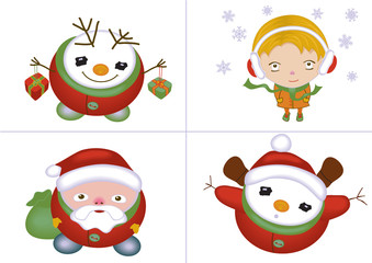 Xmas icons isolated with santa, snowman, girl, vector