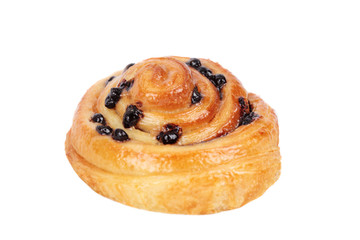 French bread on a white background: a roll with cinnamon and cho
