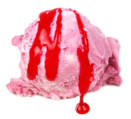 Raspberry ice cream scoop with icing isolated on white