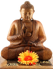 bouddha posture "vitarka", "pensée conceptuelle", fond blanc