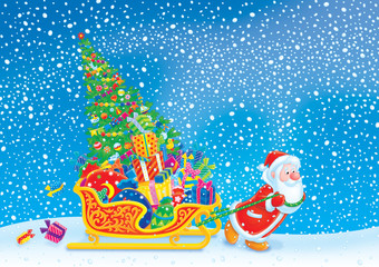 Santa pulls the sledge with the Christmas tree and gifts